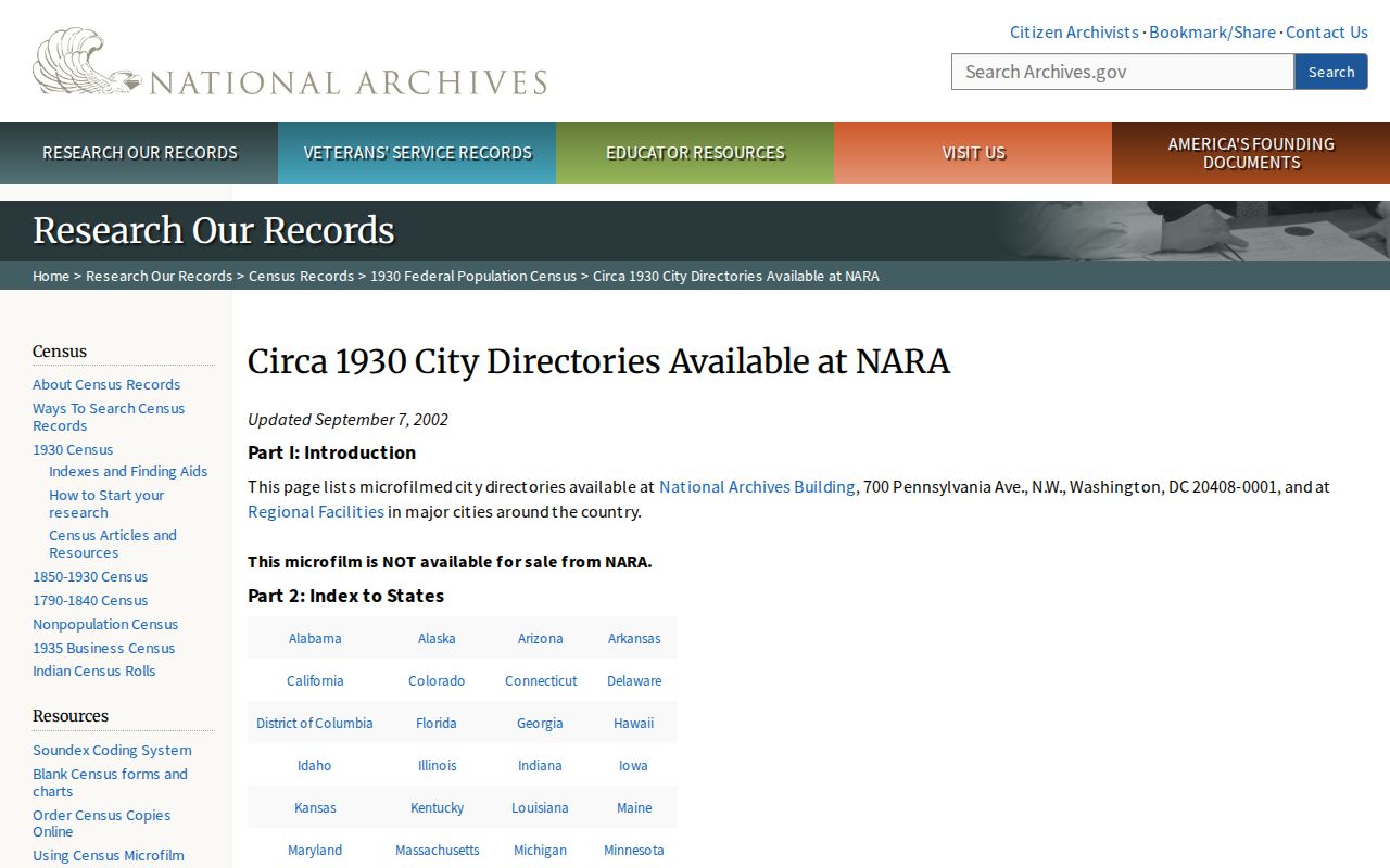 Sandusky city directory microfilm listing from the National Archives