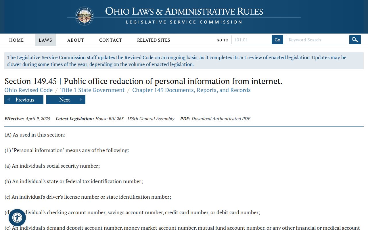 Sandusky neighbors Ohio personal information redaction statute