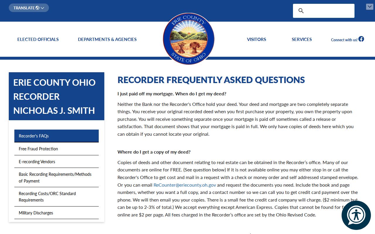 Sandusky previous residents Erie County Recorder search instructions