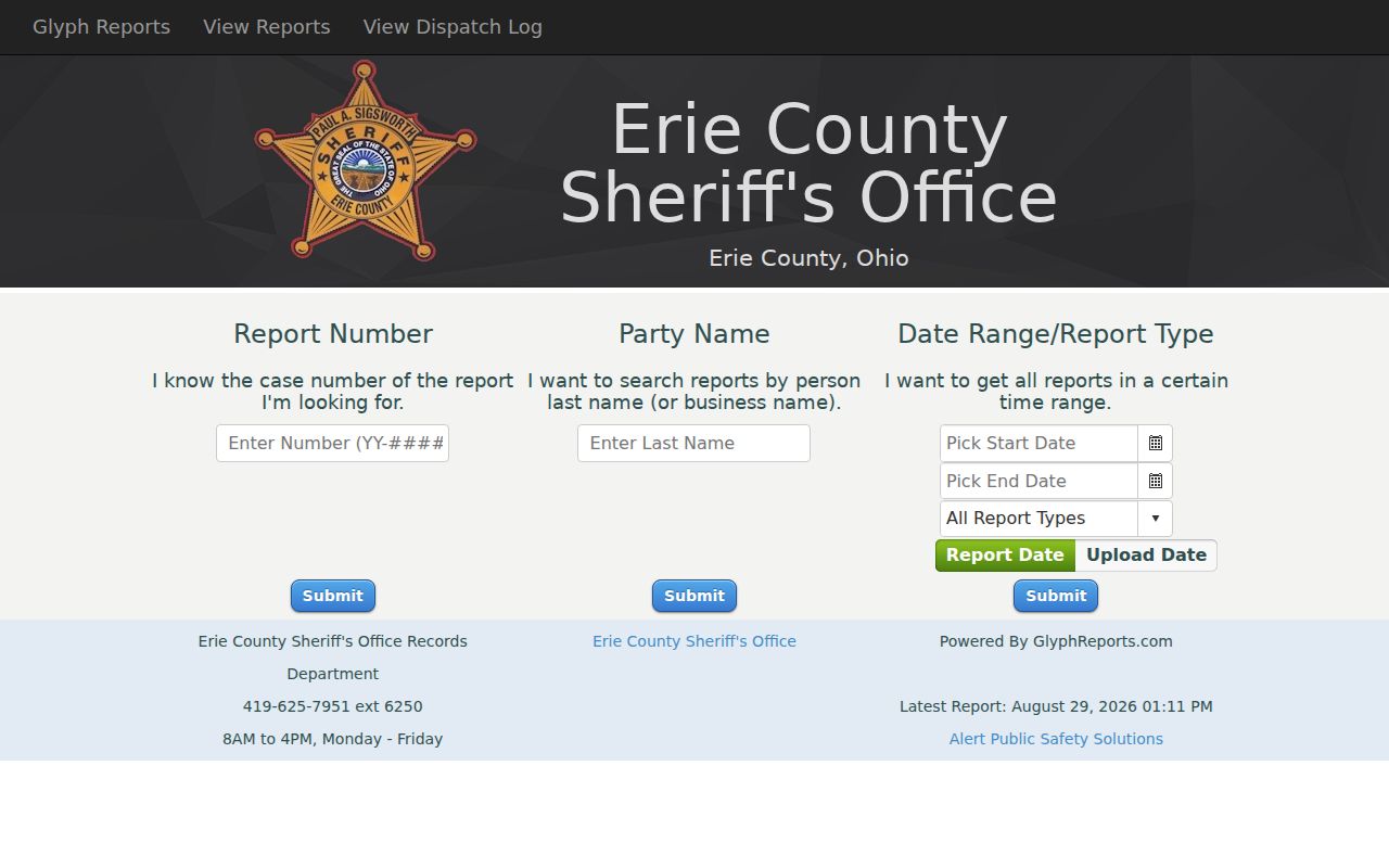 Sandusky resident lookup Erie County Sheriff report search